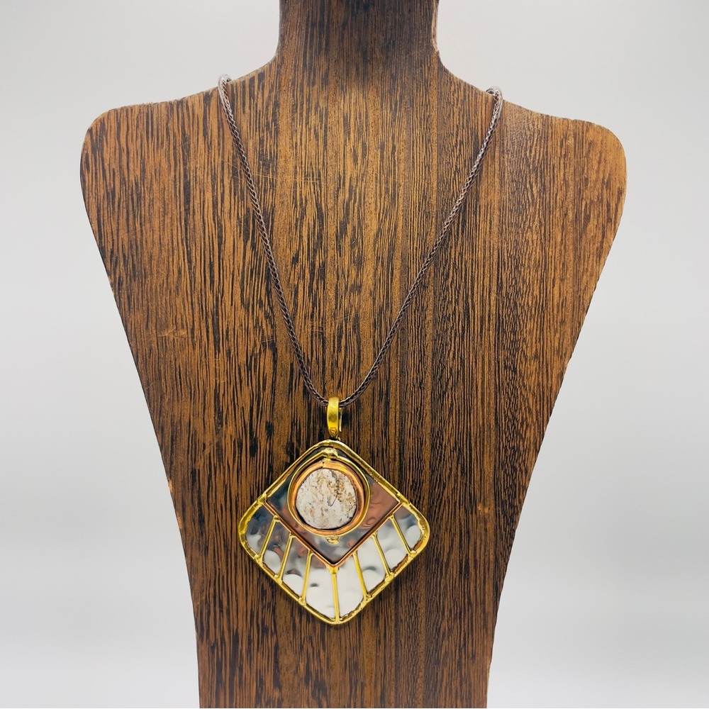 Handmade Artisan Gold, Copper and Silver Pendant Necklace with 18” Leather Cord